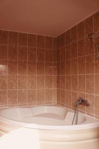 a bath tub in a bathroom with brown tiles at Hotel Amphone in Brno