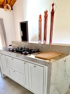 - une cuisine avec un comptoir et une cuisinière dans l'établissement Casa Jardim das Bromélias, à Marau