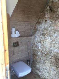 a bathroom with a toilet and a rock wall at Mountain Pool Suites in Amman