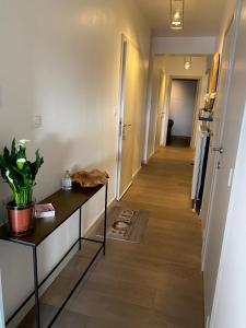 a hallway with a table and a hallway leading into a room at Sunny Home in Knokke-Heist