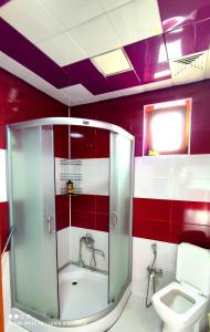 uma casa de banho com um chuveiro e um WC. em Lerik Renthouse em Lerik