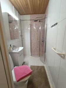 Rauhallinen kaksio Urpolassa في أوبيرترون: حمام مع دش ومرحاض مع منشفة وردية