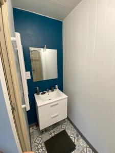 La salle de bains est pourvue d'un lavabo blanc et d'un miroir. dans l'établissement T2 - Appartement 1 chbre Wissant, à Wissant