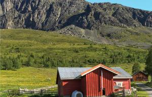 a red barn in a field next to a mountain at 3 Bedroom Lovely Home In Hemsedal in Hemsedal