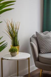a living room with a chair and a table with a plant at Luxurious Prestige Residence next to the New York Café in Budapest