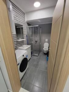 a bathroom with a shower and a sink and a toilet at Brand new apartment in Downtown Gevgelija in Gevgelija