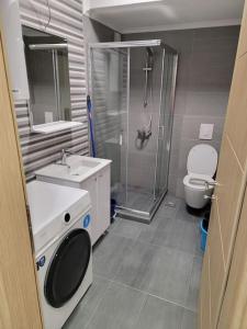a bathroom with a shower and a toilet and a sink at Brand new apartment in Downtown Gevgelija in Gevgelija