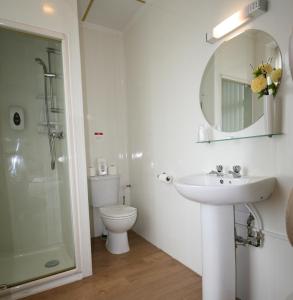 a bathroom with a sink and a toilet and a mirror at The Blenheim Mount Hotel in Blackpool