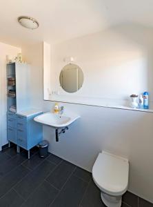 a bathroom with a white sink and a toilet at Cozy Inn Schladern in Windeck