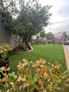 a green yard with a tree and a bench at Elefsinian Mysteries Apartments in Elefsina