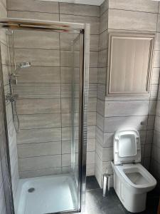 a small bathroom with a shower and a toilet at Country View Lodge in Bratton
