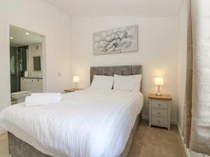 1 dormitorio con 1 cama blanca grande y 2 lámparas en Lodge 17 - Rannoch Family, en Perth