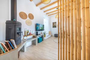 Azenhas do Mar Cliffs House في سينترا: غرفة معيشة مع موقد وتلفزيون