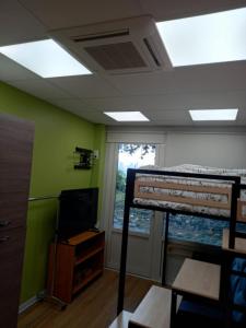 Habitación con litera y TV. en STUDIO AVEC TERRASSE DONNANT SUR UN PARC ABORE en Bourg-en-Bresse