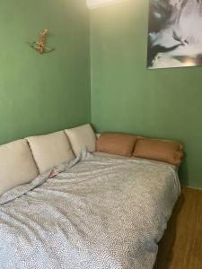 a bed in a room with a green wall at Cozy apartment near Paris square in Amman