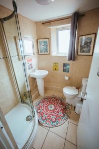 a bathroom with a shower and a sink and a toilet at KENDAL HOLIDAY FLATS in Kendal