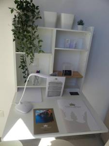a white desk with a plant and a computer on it at 19 Piso céntrico, nuevo y bien equipado en La Trinidad in La Laguna