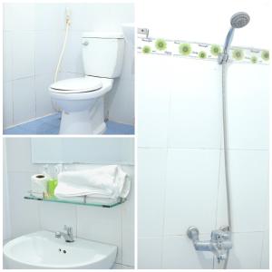 2 immagini di un bagno con servizi igienici e lavandino di Shine Riverside Homestay a Hue
