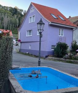 a cat sleeping on a rail in a street next to a house at Schwarzwald - Haus Luisa - charmantes Altstadthaus in Stühlingen