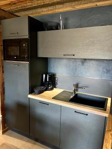 una cocina con fregadero y electrodomésticos de acero inoxidable en Appartement au pied des pistes - Olvera 403, en Valmeinier