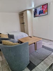 a living room with chairs and a table and a tv at StudioNeuf équipé CDG/Parc Expo/ Paris in Aulnay-sous-Bois +3 photos
