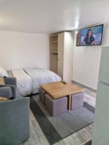 a bedroom with a bed and a table and a tv at StudioNeuf équipé CDG/Parc Expo/ Paris in Aulnay-sous-Bois