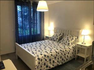 a bedroom with a bed and two tables with lamps at Studio à 300 m de la gare de Mantes-la-Jolie in Mantes-la-Jolie
