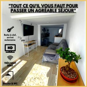 uma pequena sala de estar com uma cama e uma televisão em La Foulnerie Studio avec cour autonome 61270 Rai proche 61300 l'Aigle 