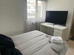 Schlafzimmer mit einem Bett und einem TV auf einem Schreibtisch in der Unterkunft Brest St anne du Portzic vue mer in Brest