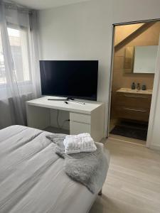 Schlafzimmer mit einem Bett, einem TV und einem Spiegel in der Unterkunft Brest St anne du Portzic vue mer in Brest