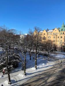 een gebouw met bomen in de sneeuw voor een straat bij Hot spot of Vaasa with City Hall views in Vaasa