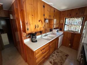 a kitchen with wooden cabinets and a sink and a microwave at Sequoia National Forest CabinD in Panorama Heights