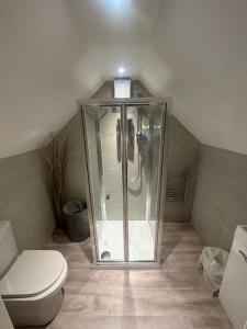 een badkamer met een douche en een toilet bij Cozy 1 bed Urban Haven in Swithland