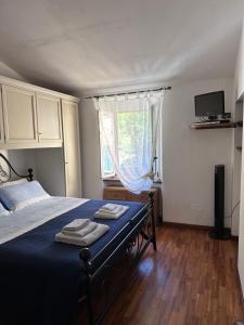 Schlafzimmer mit einem Bett mit blauer Bettwäsche und einem Fenster in der Unterkunft Casa Garfagnana in Fornaci di Barga