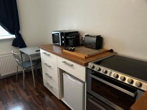 a kitchen with a stove and a microwave on a counter at Studio 104- Free PARKING onsite -Private entrance in Reykjavík