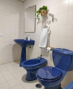 La salle de bains est pourvue de toilettes bleues et d'un lavabo. dans l'établissement Apartamento vistas al océano, à Radazul