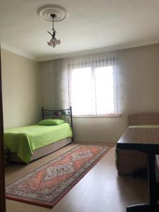 1 dormitorio con cama y ventana con alfombra en Emine Yılmaz’ın Evi, en Araklı