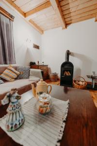 a living room with a couch and a stove at Pleta View in Vatra Dornei