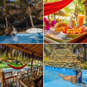 un collage de cuatro fotos de un complejo con piscina en La Casa de Sebas - Pool Beach Hotel Mancora, en Máncora