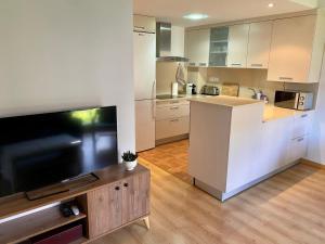 cocina con armarios blancos y TV de pantalla plana en Apartamento Balcón del Ésera en Villanova