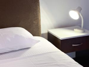 ein Bett mit einem weißen Kissen und einer Lampe auf einem Nachttisch in der Unterkunft Nikki’s Apartment Podgorica in Podgorica