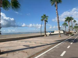 un trottoir avec des palmiers à côté de la plage dans l'établissement RELAX en SANTA POLA, ALICANTE, à Santa Pola