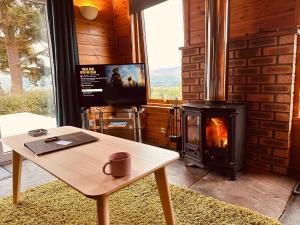 un soggiorno con stufa a legna e tavolo di Kinnaird Woodland Lodges a Pitlochry