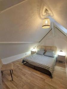 een slaapkamer met een bed en een plafond met een licht bij Appartement duplex rénové vue sur la Loire in Blois