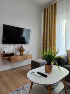 a living room with a table and a tv at Apartment Sweet 21 in Tirana