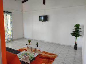 ein Wohnzimmer mit einer Couch und einem Fernseher an der Wand in der Unterkunft Villa de la montagne in Pointe-Noire