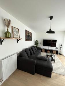 a living room with a black couch and a flat screen tv at Magnifique appartement sur la seine in Alfortville