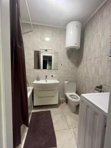 a bathroom with a sink toilet and a mirror at Апартаменти Люкс 4 in Khmelnytskyi