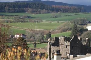 uma vista para um castelo com ovelhas num campo em Barr Hill Woods B&B em Kirkcudbright