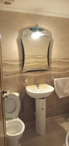 La salle de bains est pourvue d'un lavabo, de toilettes et d'un miroir. dans l'établissement Dar fatima, à Azrou
